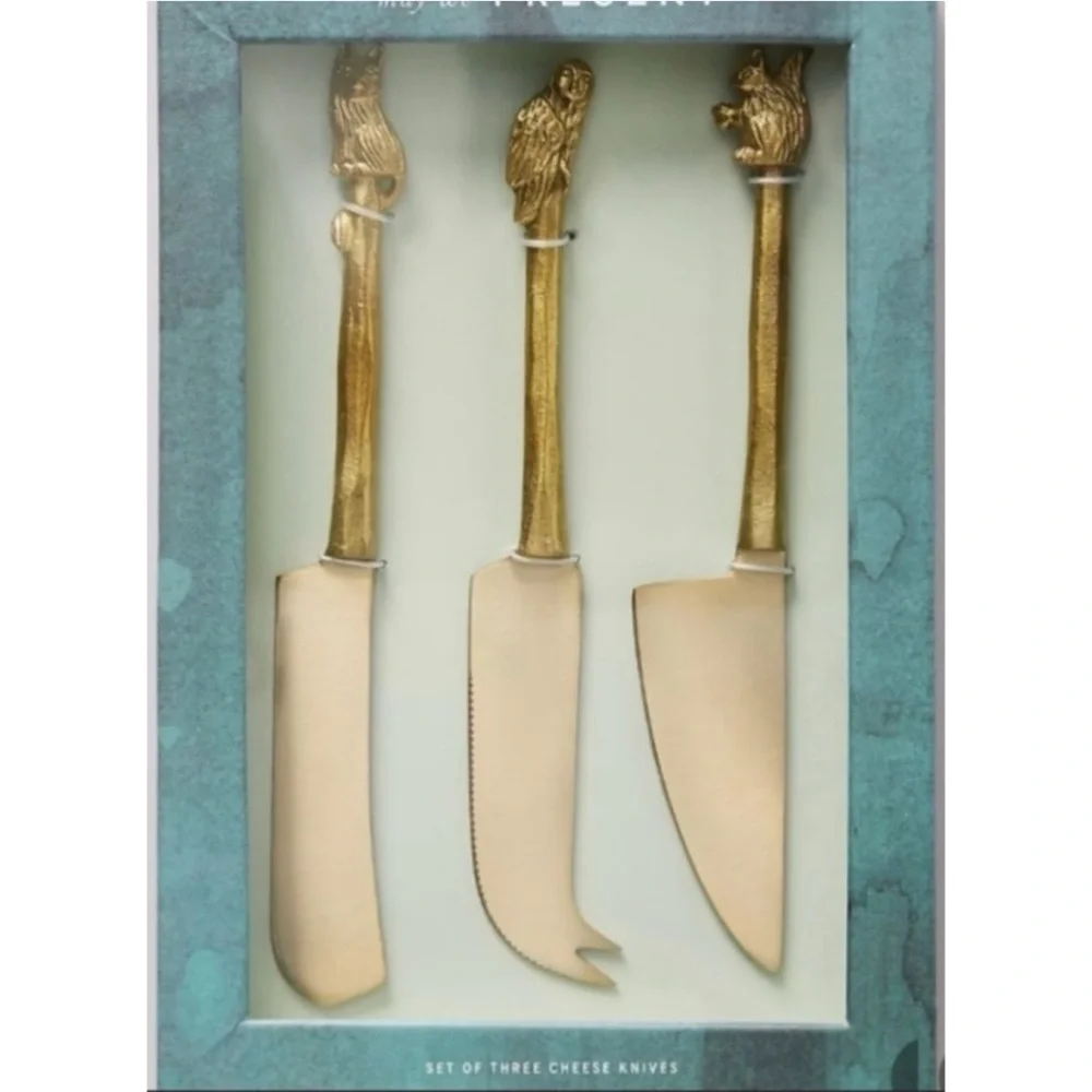 Anthropologie Lovis Woodland Brass Cheese Knives Serving Set Owl Fox Squirrel